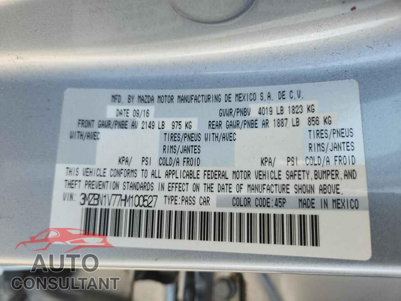 MAZDA 3 2017 - 3MZBN1V77HM100527