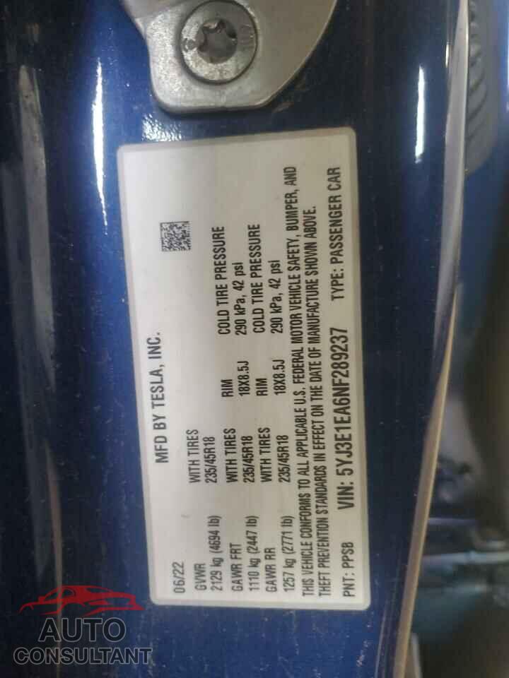 TESLA MODEL 3 2022 - 5YJ3E1EA6NF289237