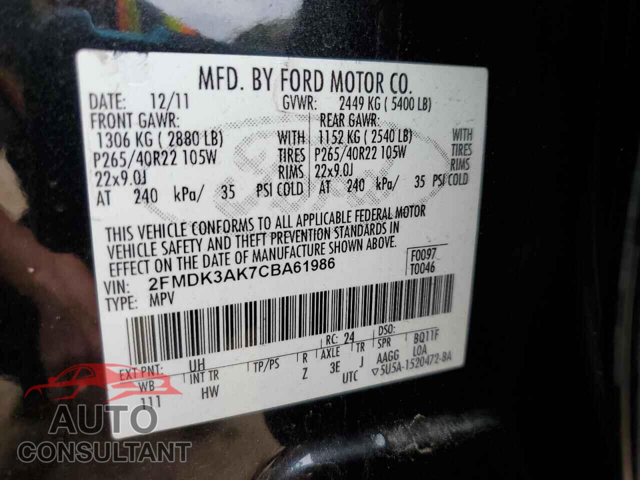 FORD EDGE 2012 - 2FMDK3AK7CBA61986