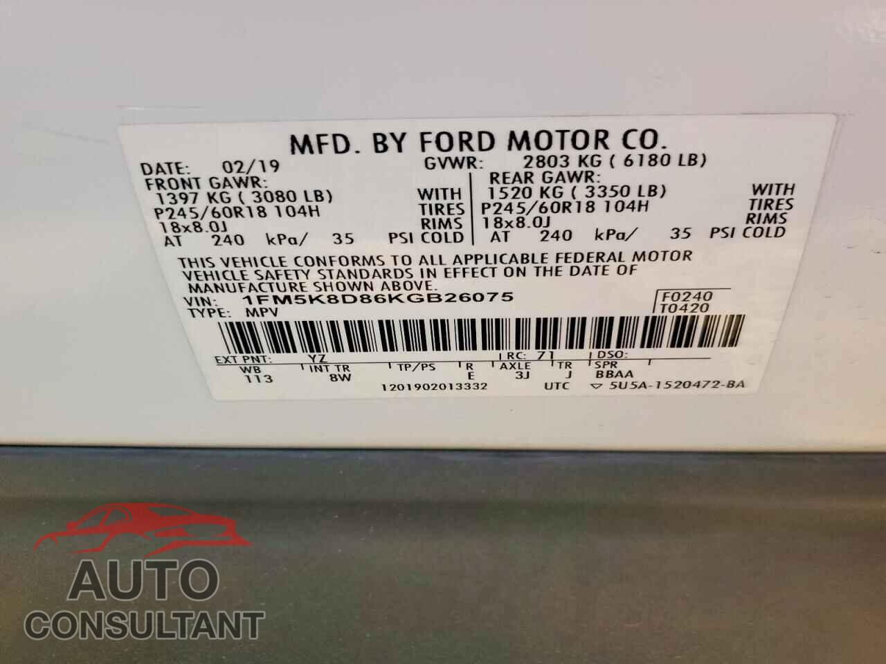 FORD EXPLORER 2019 - 1FM5K8D86KGB26075