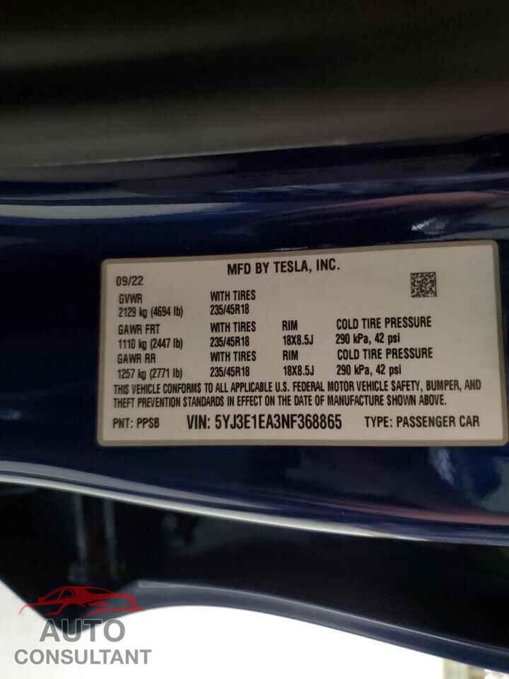 TESLA MODEL 3 2022 - 5YJ3E1EA3NF368865