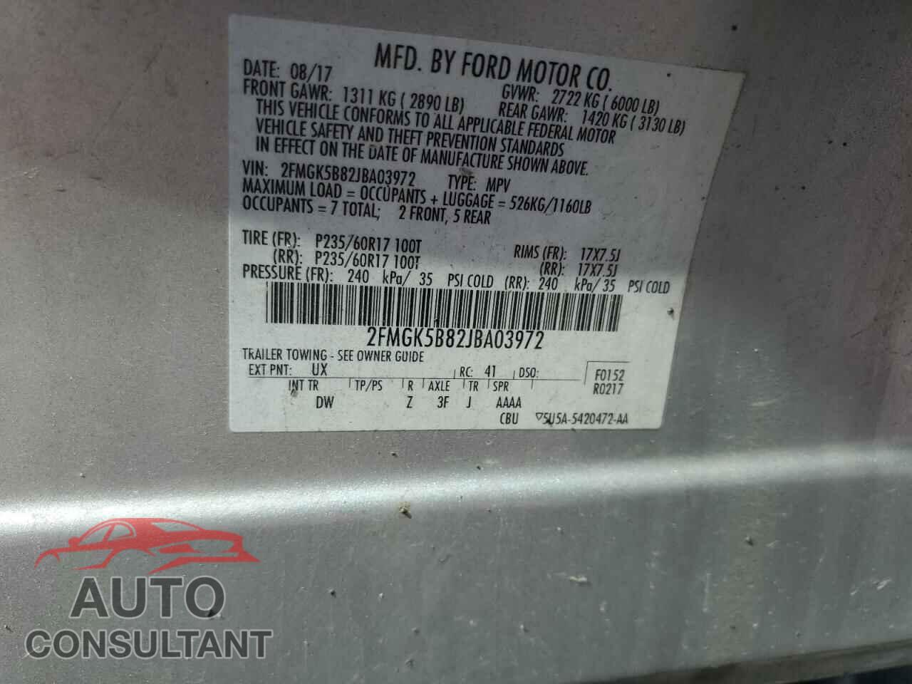 FORD FLEX 2018 - 2FMGK5B82JBA03972