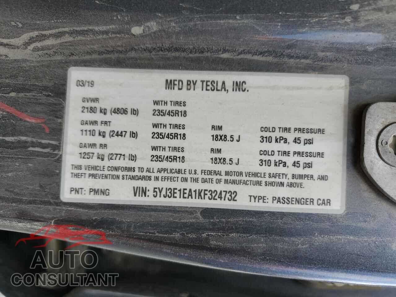 TESLA MODEL 3 2019 - 5YJ3E1EA1KF324732