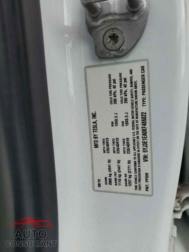 TESLA MODEL 3 2019 - 5YJ3E1EA0KF486822