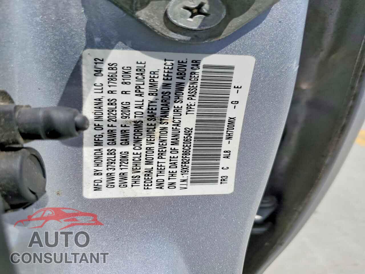 HONDA CIVIC 2012 - 19XFB2F86CE065492