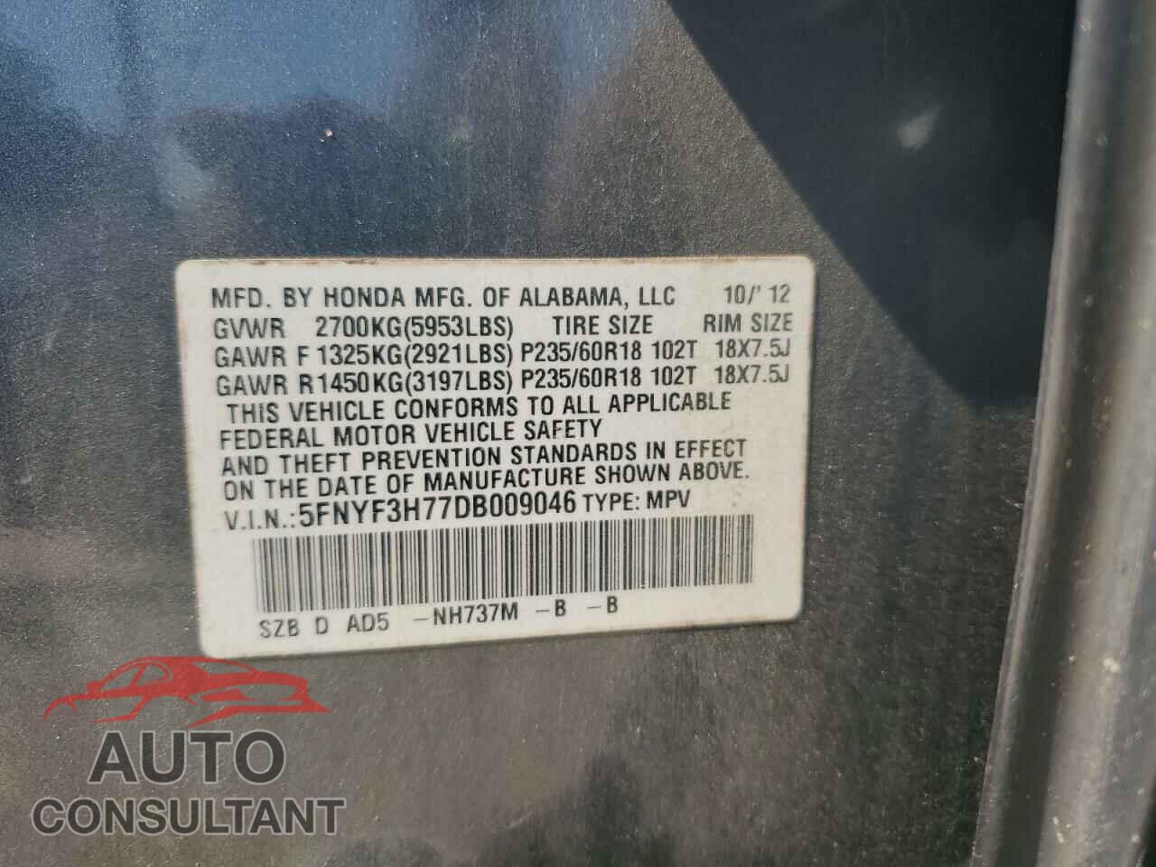 HONDA PILOT 2013 - 5FNYF3H77DB009046