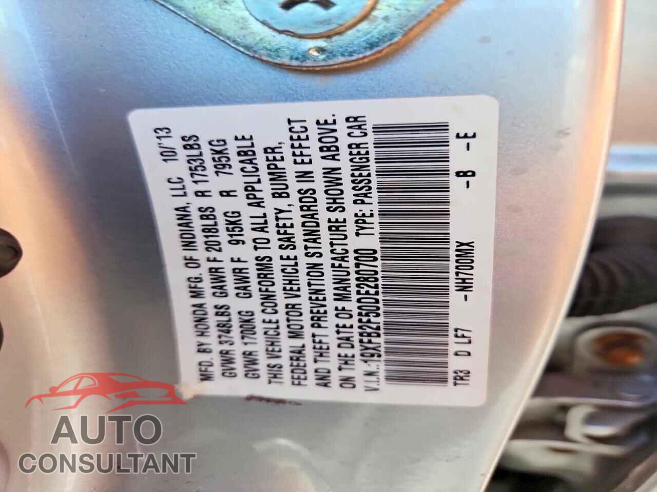 HONDA CIVIC 2013 - 19XFB2F50DE280700