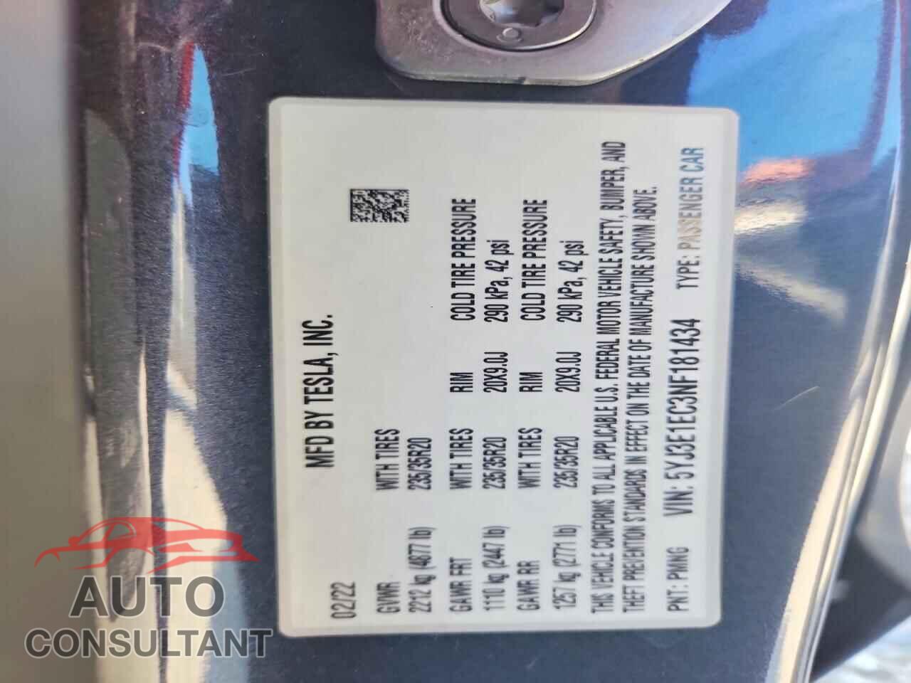 TESLA MODEL 3 2022 - 5YJ3E1EC3NF181434
