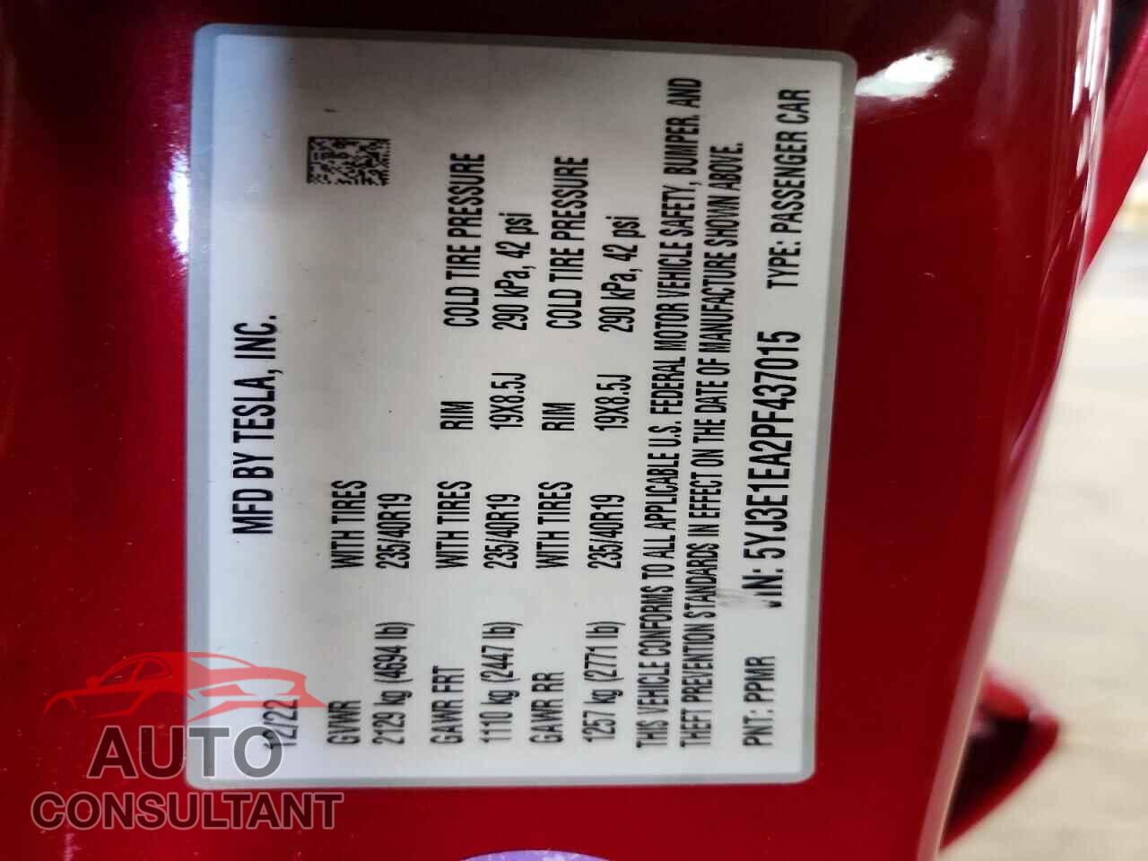TESLA MODEL 3 2023 - 5YJ3E1EA2PF437015