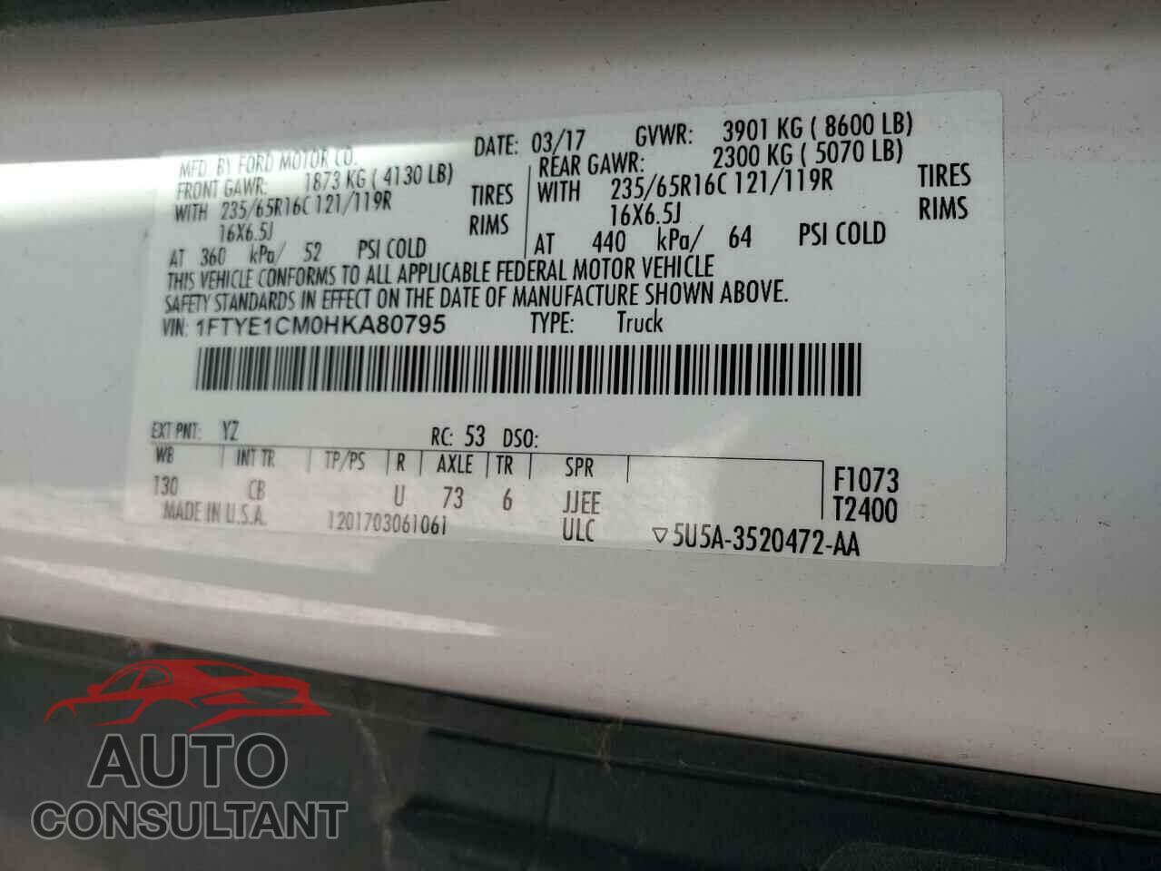 FORD TRANSIT 2017 - 1FTYE1CM0HKA80795