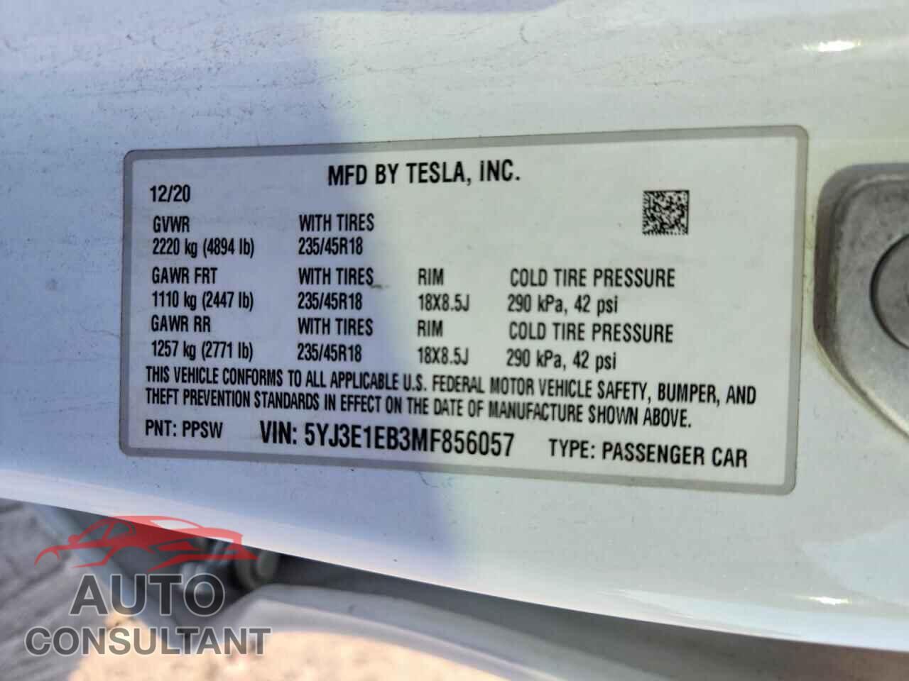 TESLA MODEL 3 2021 - 5YJ3E1EB3MF856057
