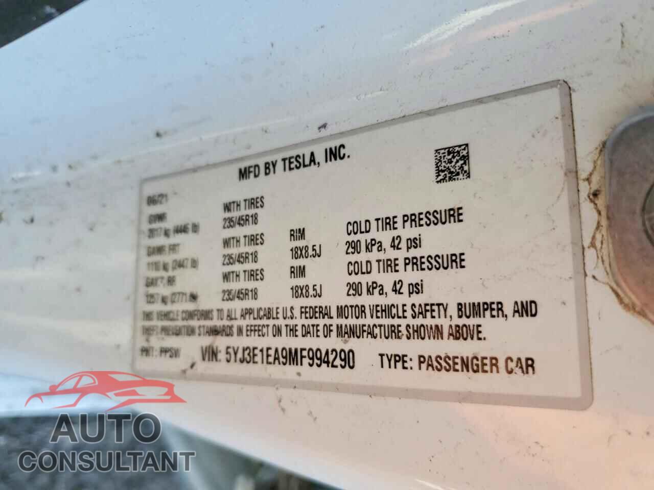 TESLA MODEL 3 2021 - 5YJ3E1EA9MF994290