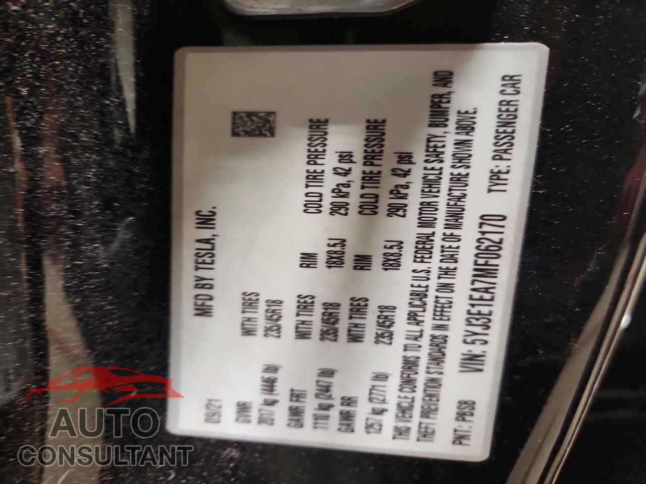TESLA MODEL 3 2021 - 5YJ3E1EA7MF062170