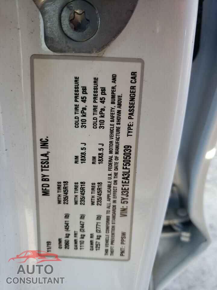 TESLA MODEL 3 2020 - 5YJ3E1EA3LF505039