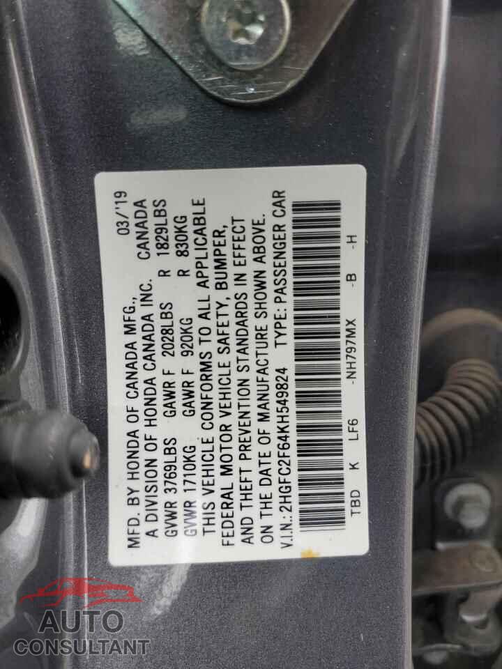 HONDA CIVIC 2019 - 2HGFC2F64KH549824