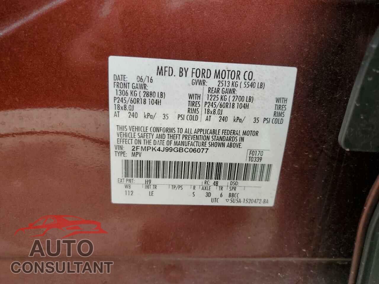 FORD EDGE 2016 - 2FMPK4J99GBC06077