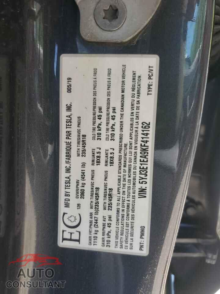 TESLA MODEL 3 2019 - 5YJ3E1EA9KF414162