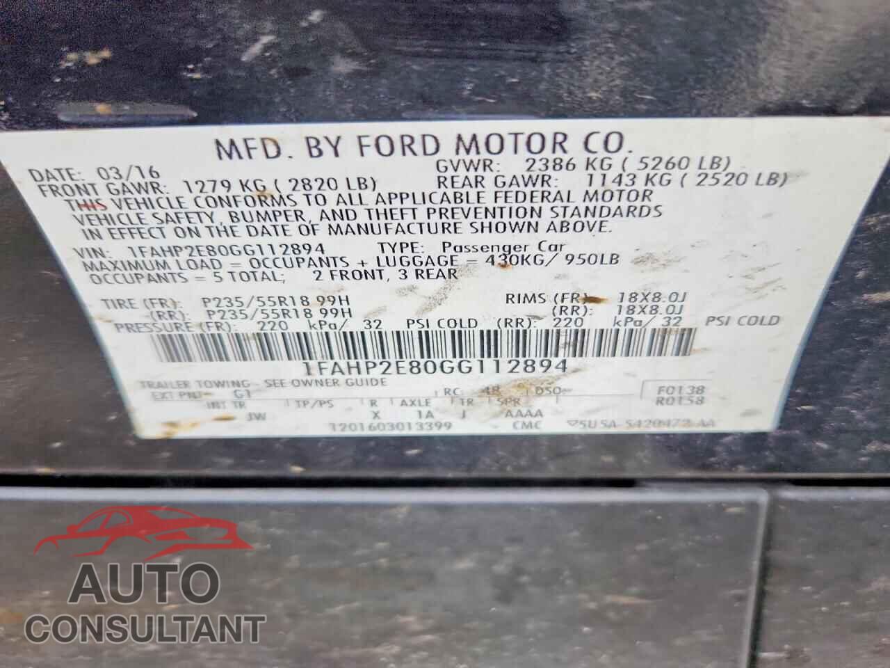 FORD TAURUS 2016 - 1FAHP2E80GG112894