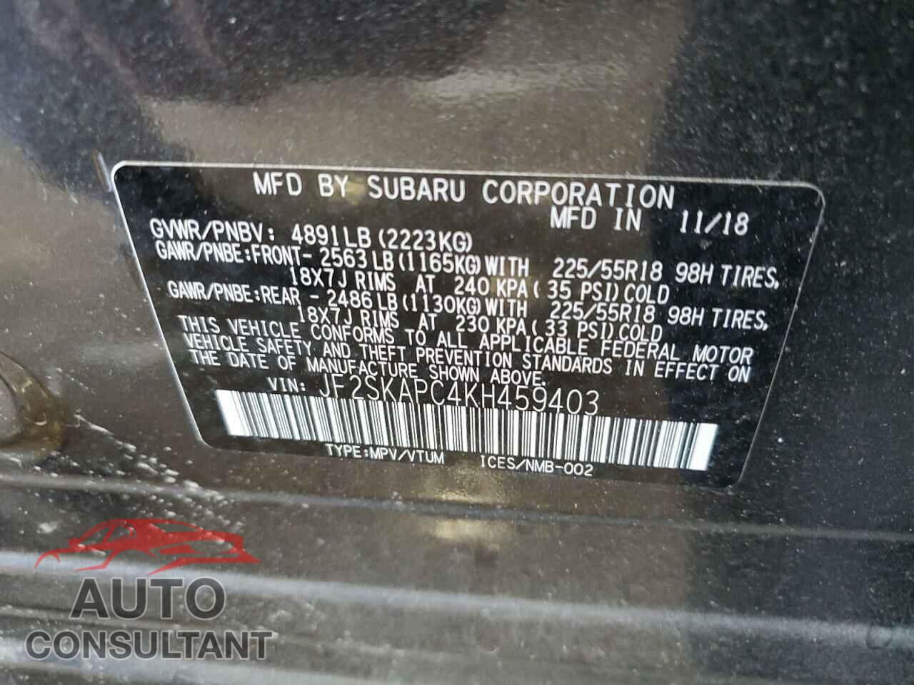 SUBARU FORESTER 2019 - JF2SKAPC4KH459403