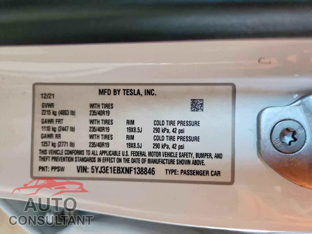 TESLA MODEL 3 2022 - 5YJ3E1EBXNF138846