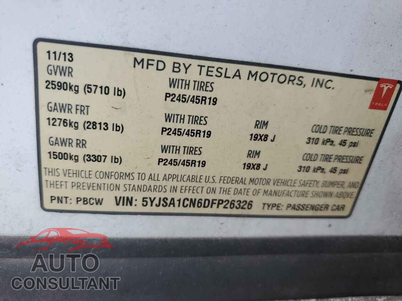 TESLA MODEL S 2013 - 5YJSA1CN6DFP26326
