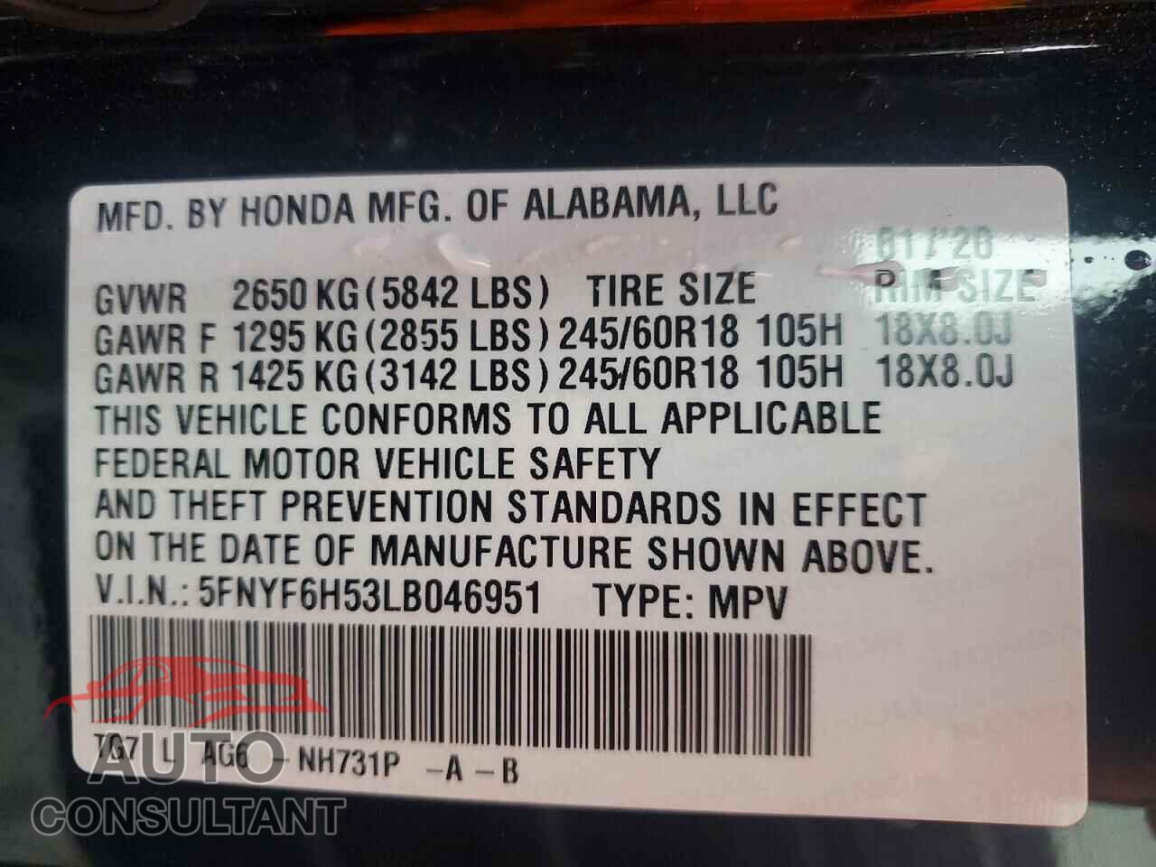 HONDA PILOT 2020 - 5FNYF6H53LB046951