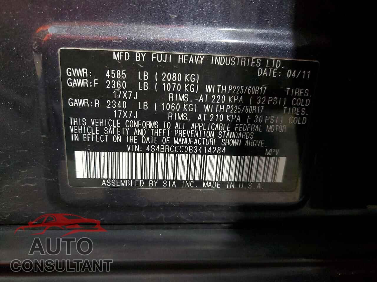 SUBARU OUTBACK 2011 - 4S4BRCCC0B3414284