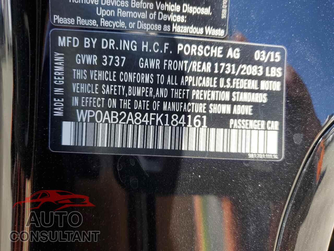 PORSCHE CAYMAN 2015 - WP0AB2A84FK184161