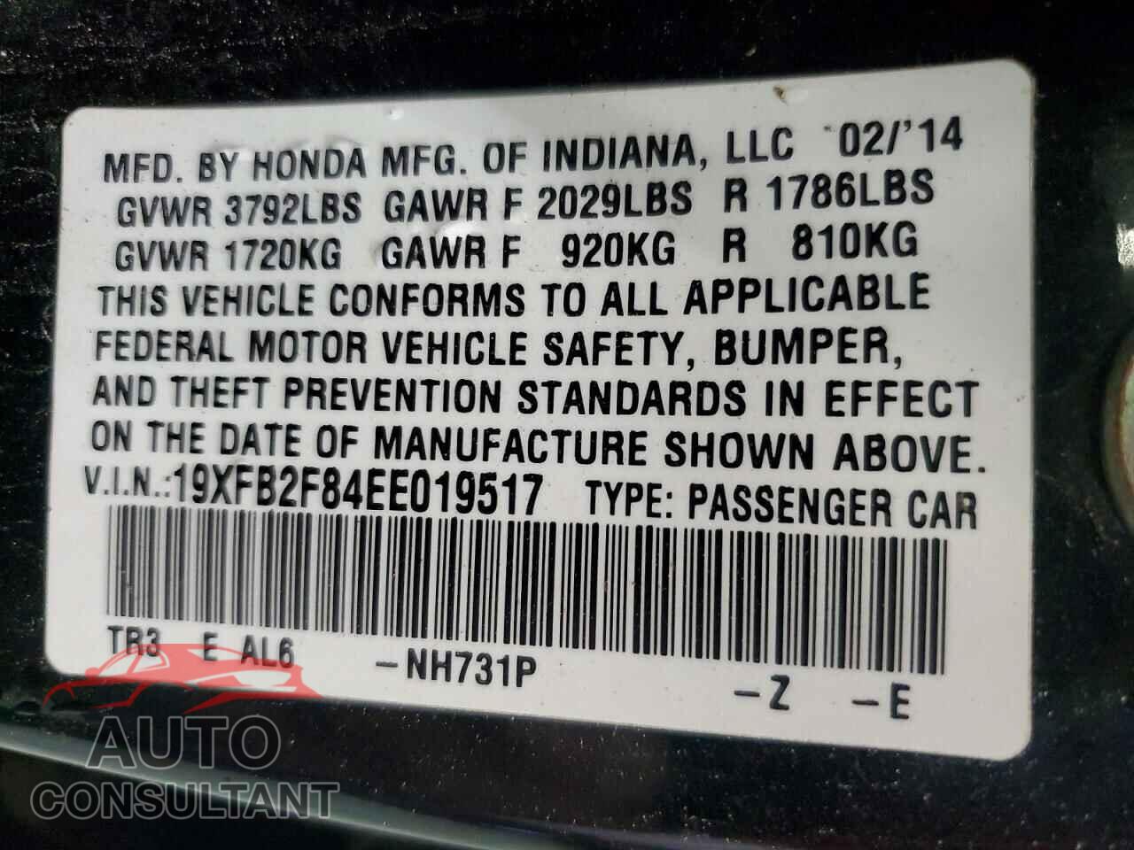 HONDA CIVIC 2014 - 19XFB2F84EE019517