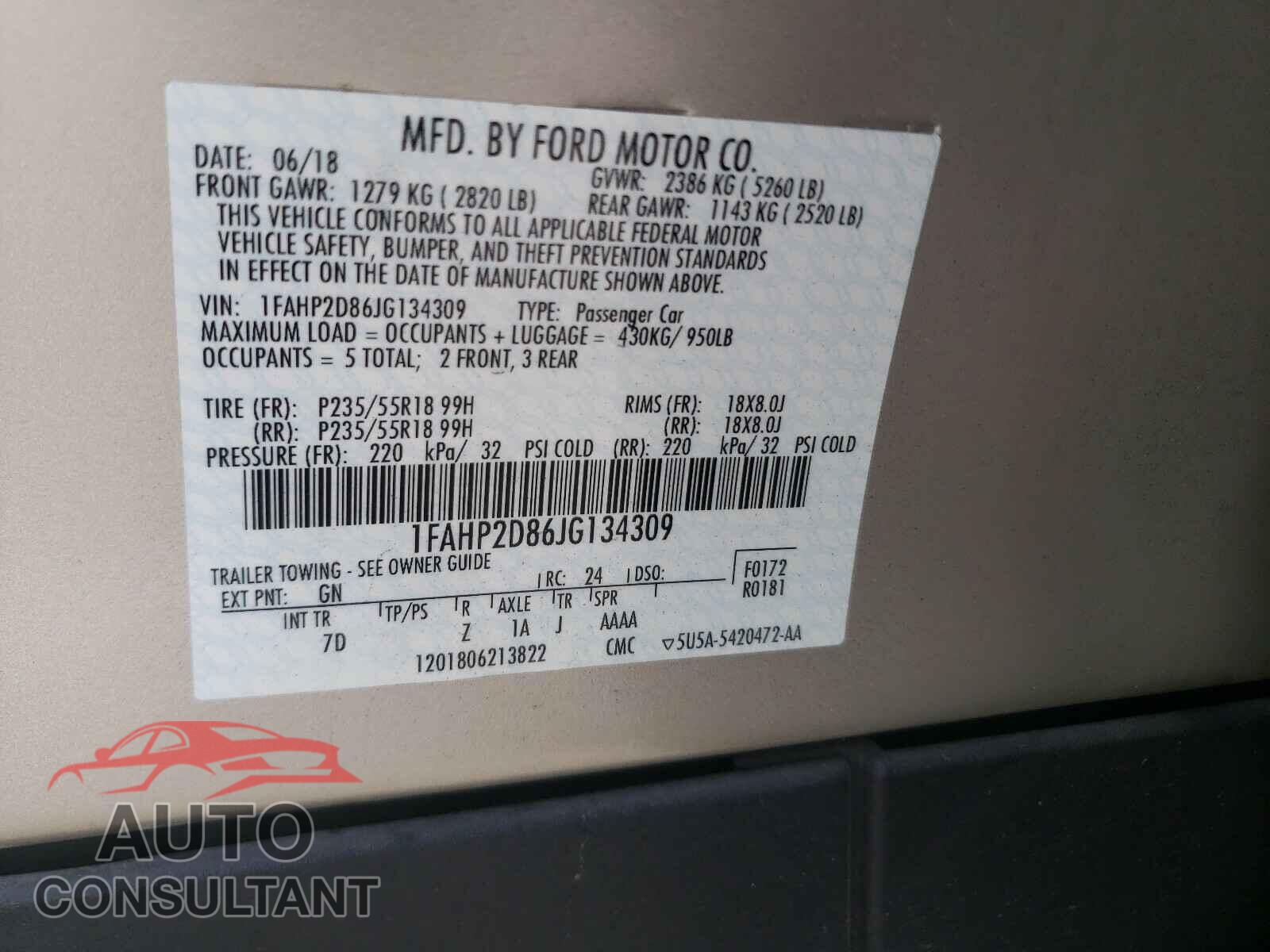 FORD TAURUS 2018 - 1FAHP2D86JG134309