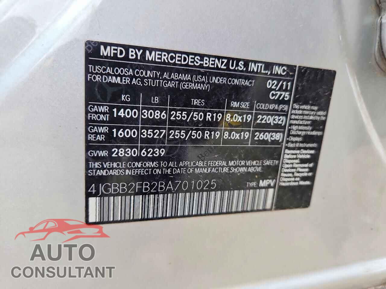 MERCEDES-BENZ M-CLASS 2011 - 4JGBB2FB2BA701025