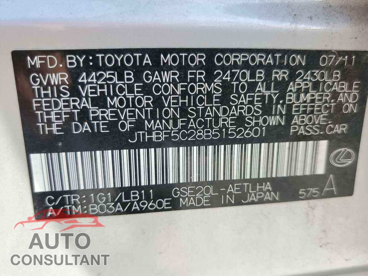 LEXUS IS 2011 - JTHBF5C28B5152601