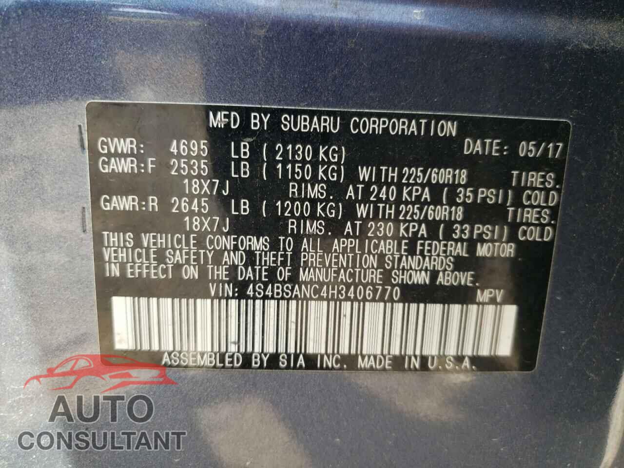 SUBARU OUTBACK 2017 - 4S4BSANC4H3406770