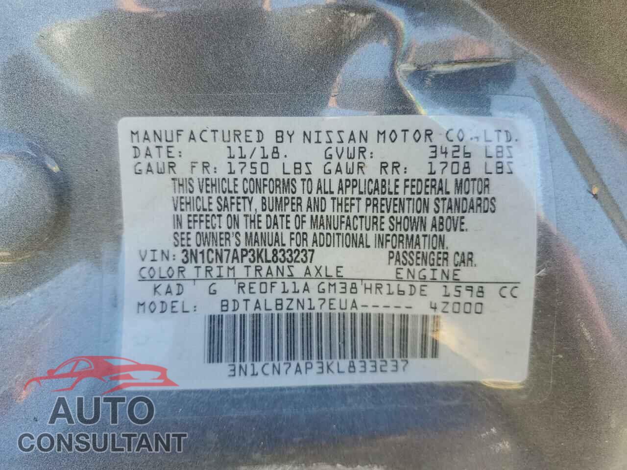 NISSAN VERSA 2019 - 3N1CN7AP3KL833237
