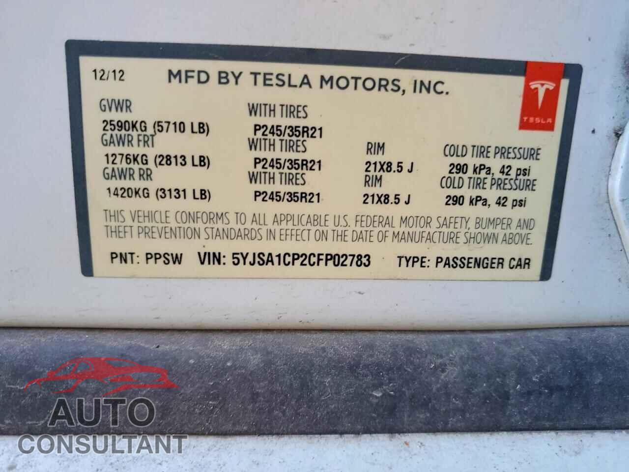 TESLA MODEL S 2012 - 5YJSA1CP2CFP02783
