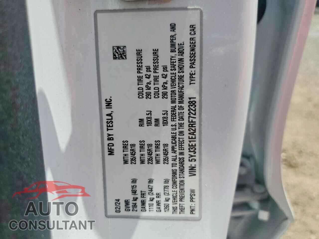 TESLA MODEL 3 2024 - 5YJ3E1EA2RF722381
