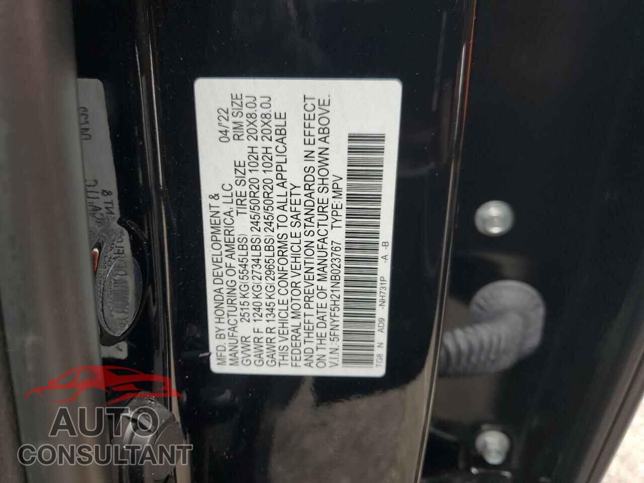 HONDA PILOT 2022 - 5FNYF5H21NB023767