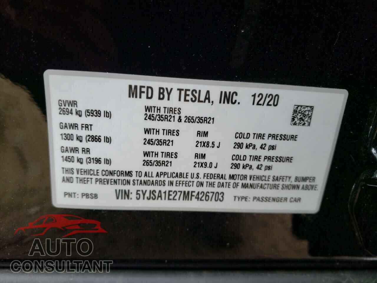 TESLA MODEL S 2021 - 5YJSA1E27MF426703