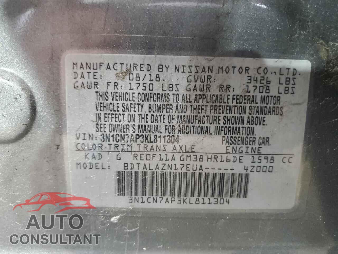 NISSAN VERSA 2019 - 3N1CN7AP3KL811304