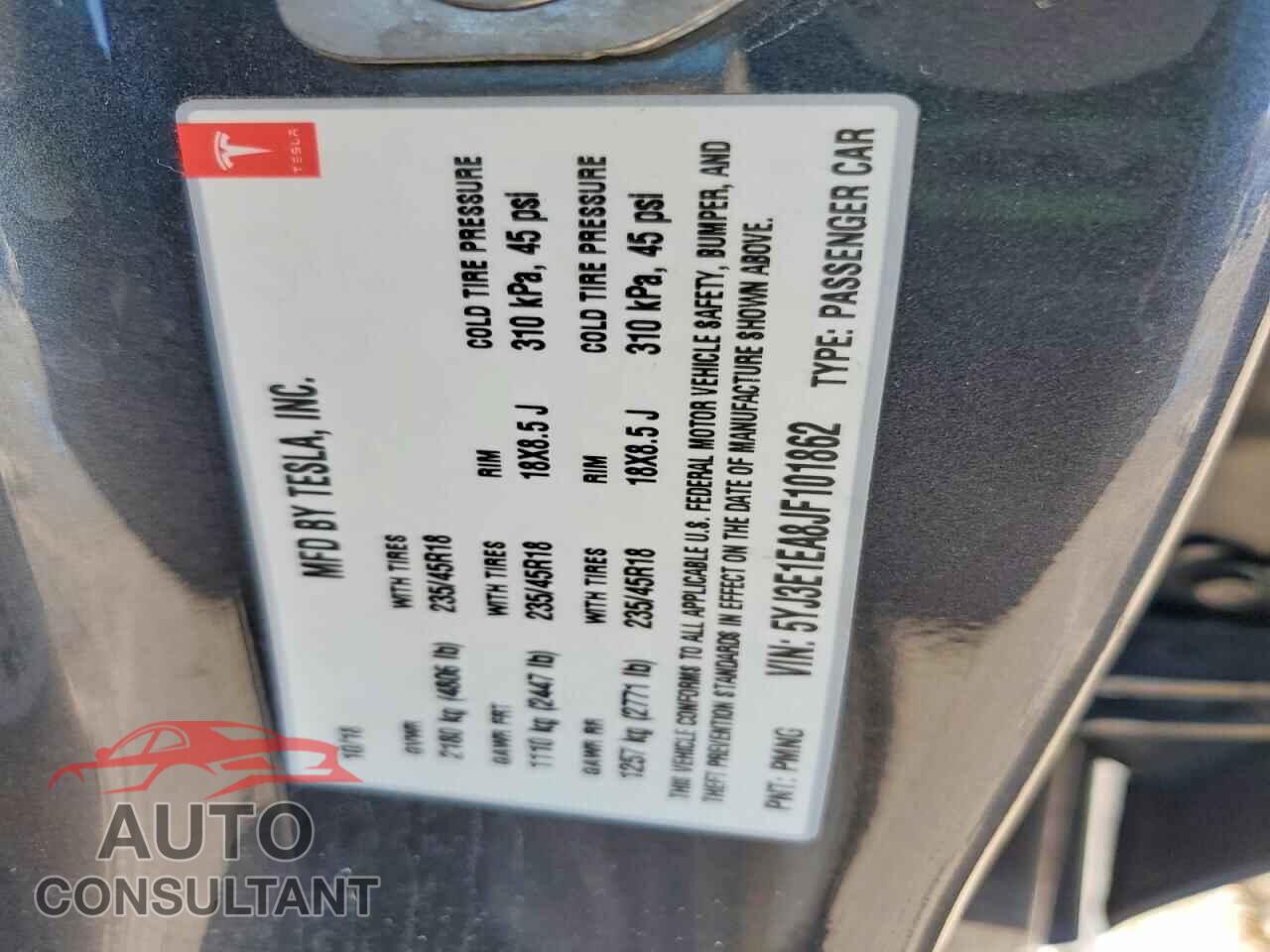 TESLA MODEL 3 2018 - 5YJ3E1EA8JF101862