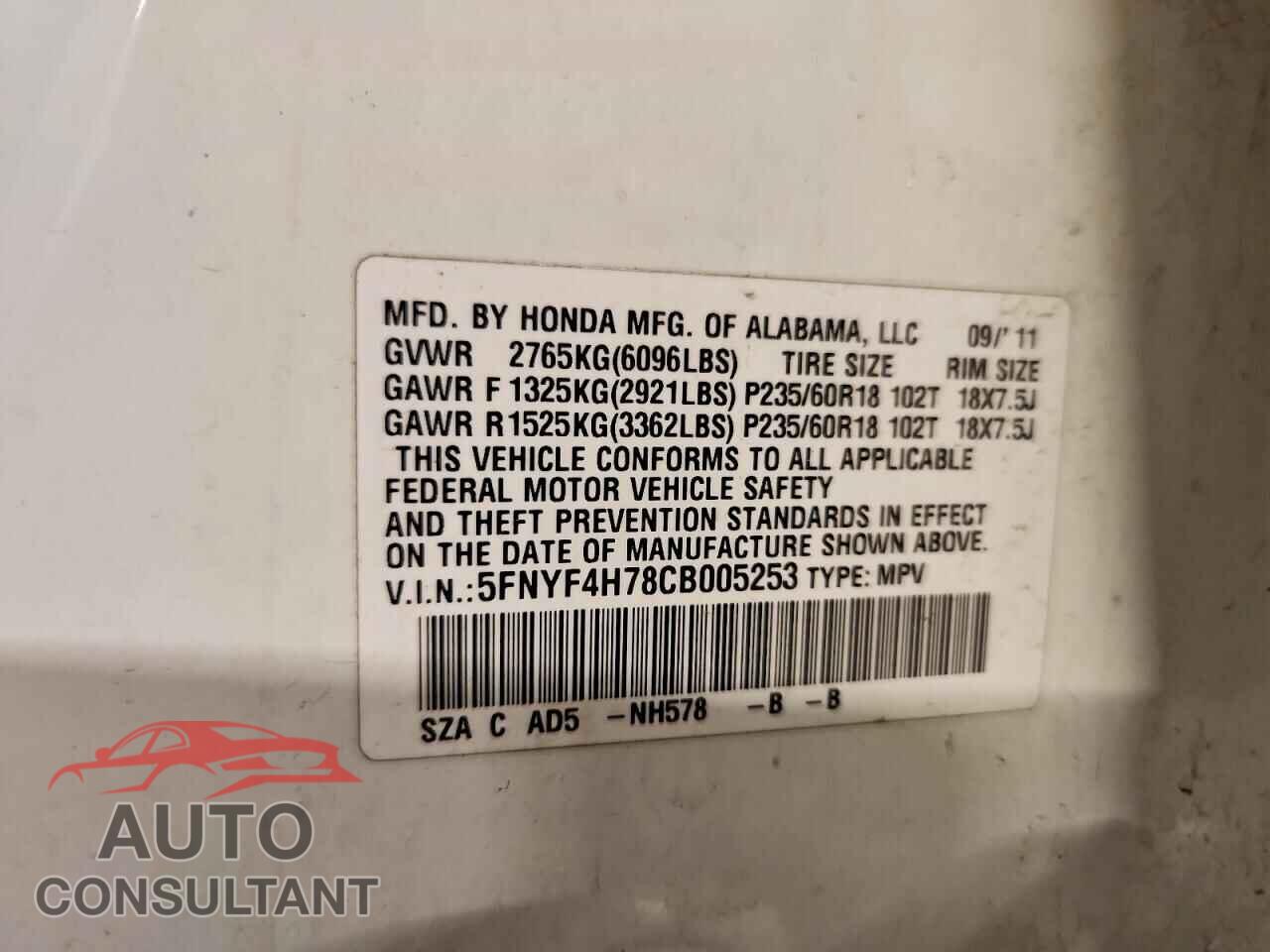 HONDA PILOT 2012 - 5FNYF4H78CB005253