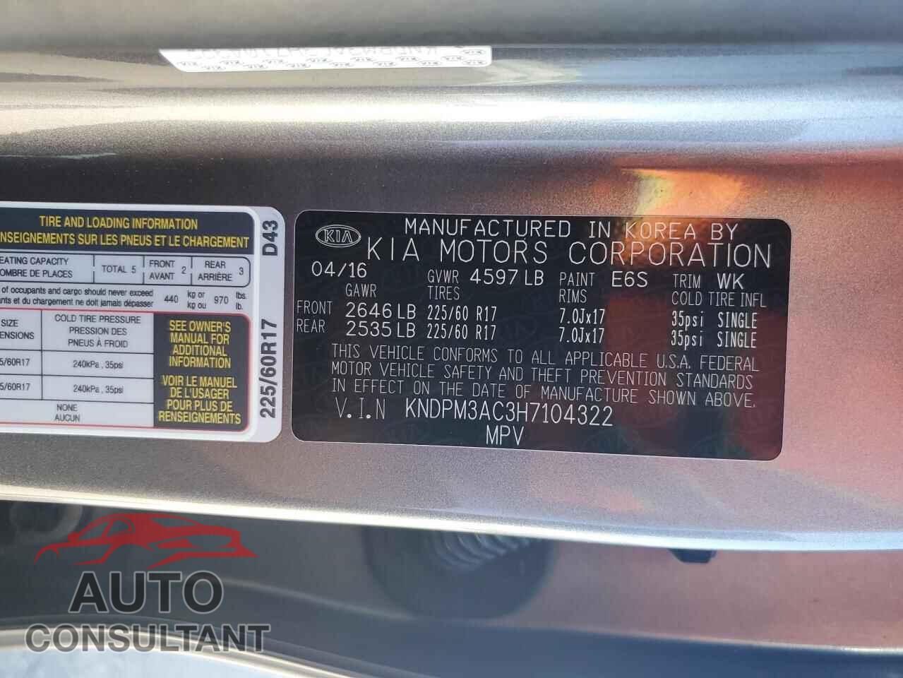 KIA SPORTAGE 2017 - KNDPM3AC3H7104322