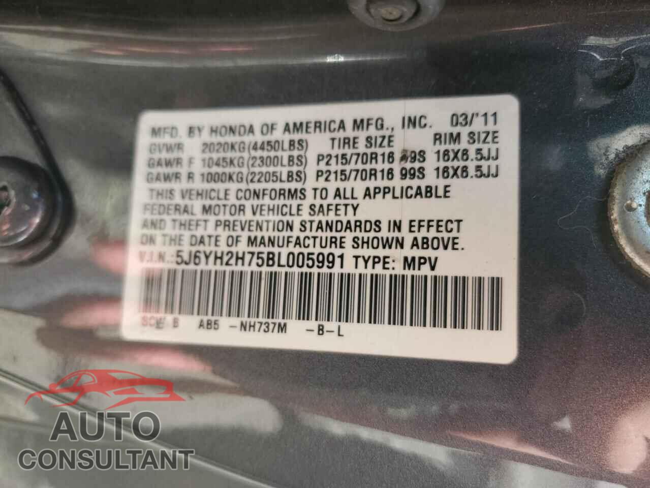 HONDA ELEMENT 2011 - 5J6YH2H75BL005991