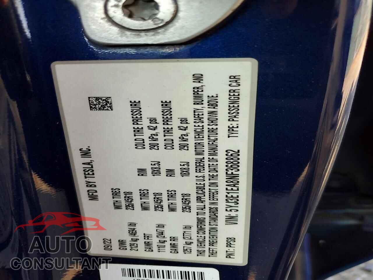 TESLA MODEL 3 2022 - 5YJ3E1EA8NF368862