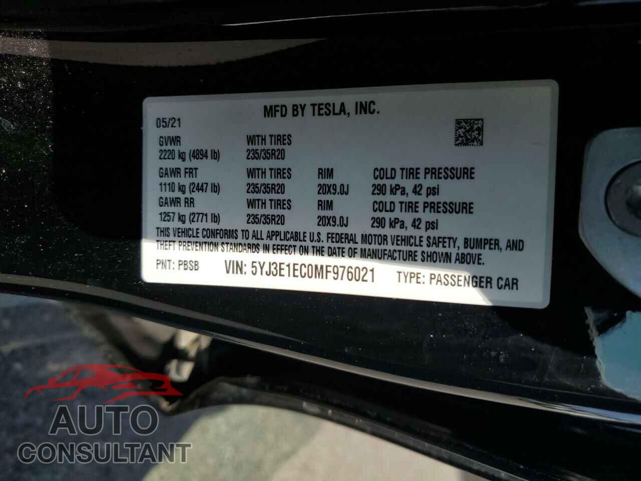 TESLA MODEL 3 2021 - 5YJ3E1EC0MF976021