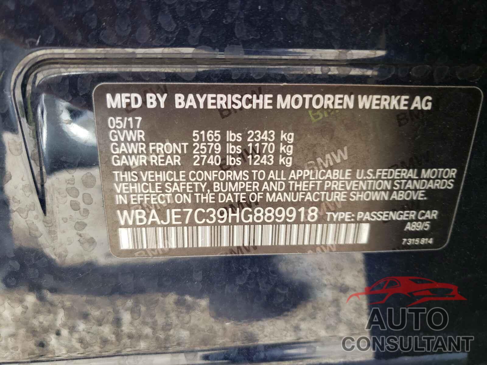 BMW 5 SERIES 2017 - WBAJE7C39HG889918