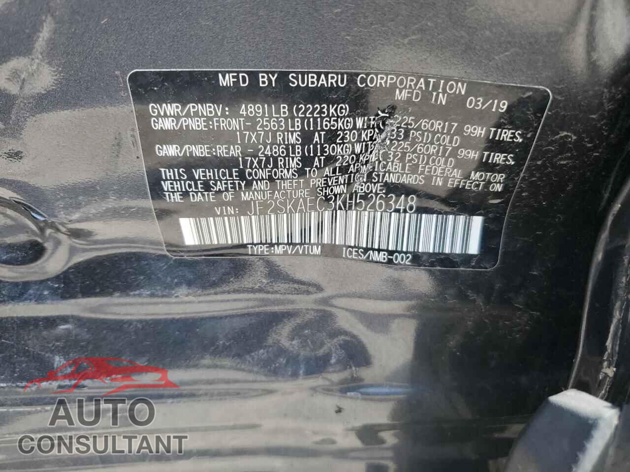 SUBARU FORESTER 2019 - JF2SKAEC3KH526348