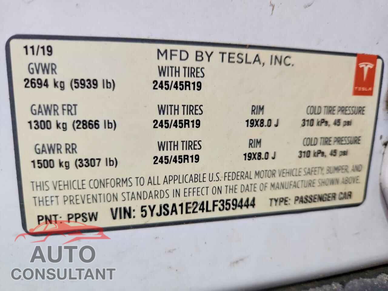 TESLA MODEL S 2020 - 5YJSA1E24LF359444