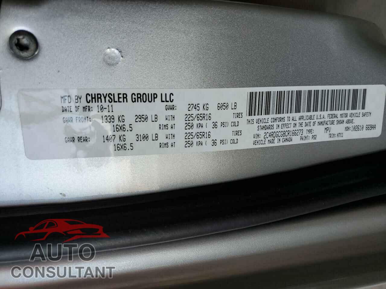DODGE CARAVAN 2012 - 2C4RDGCG8CR166273