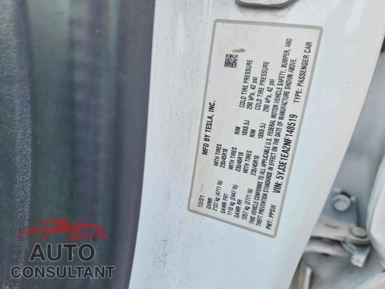 TESLA MODEL 3 2022 - 5YJ3E1EA2NF148519